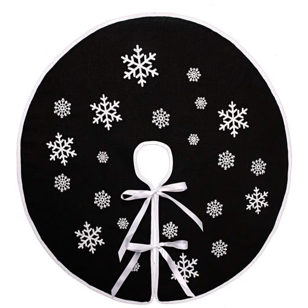 30" Round Black Burlap White Snowflakes Tree Skirt